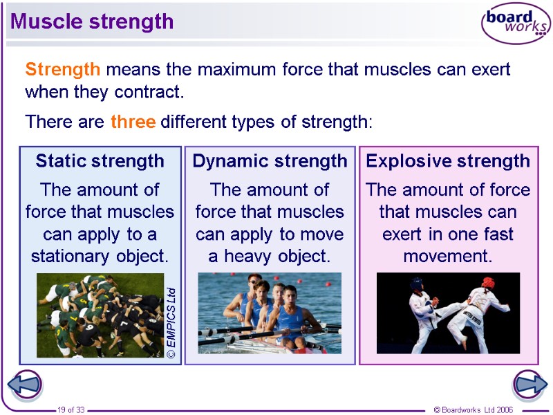 Muscle strength Strength means the maximum force that muscles can exert when they contract.